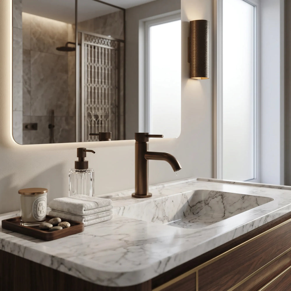 Fluted Brushed Bronze Cold Start Mono Basin Mixer inc. Waste