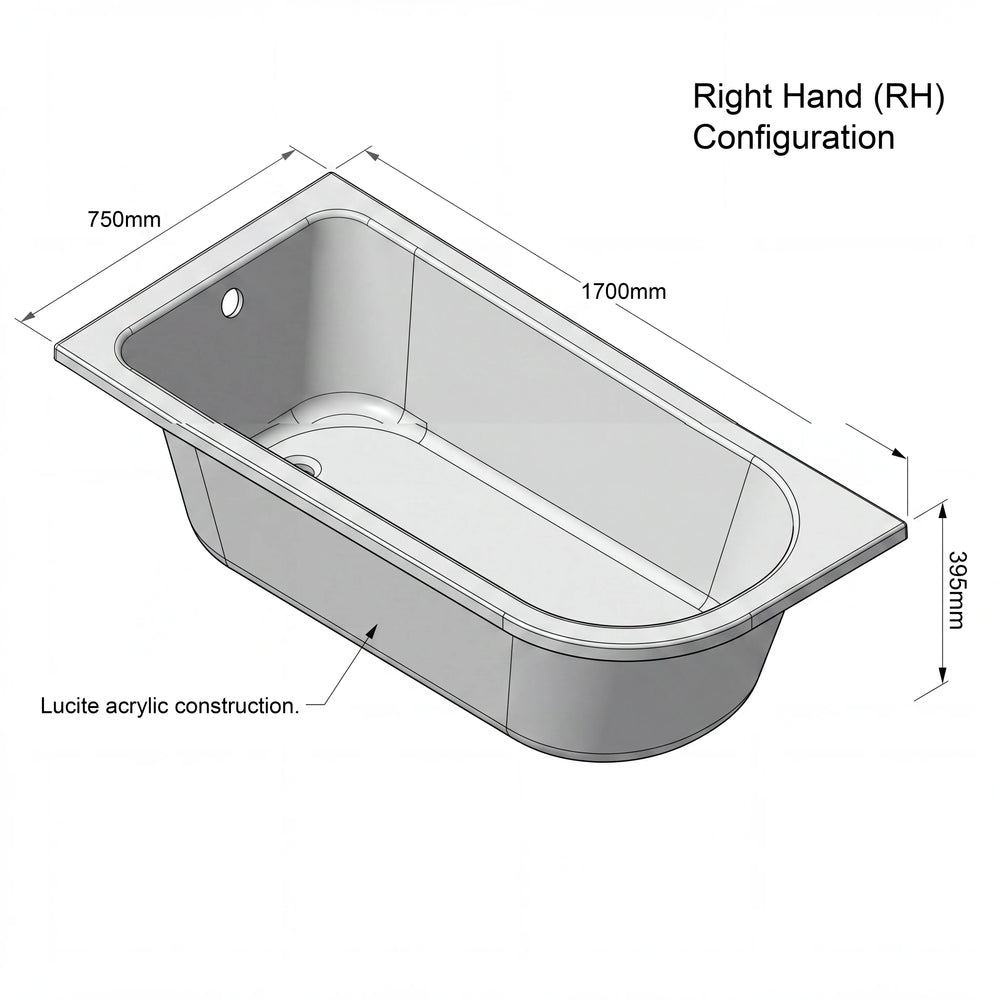 1700 x 750mm J Shaped Curved Rectangular Bath