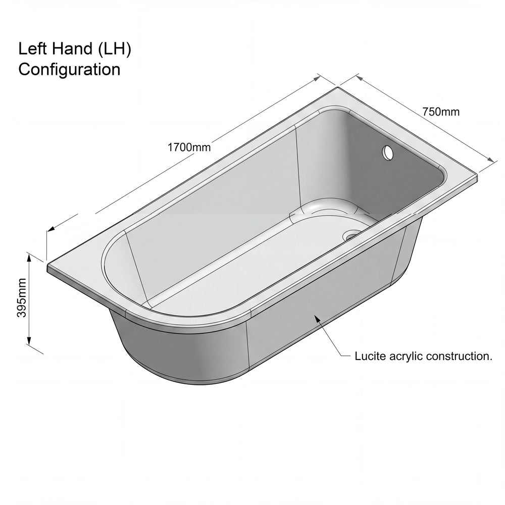 1700 x 750mm J Shaped Curved Rectangular Bath