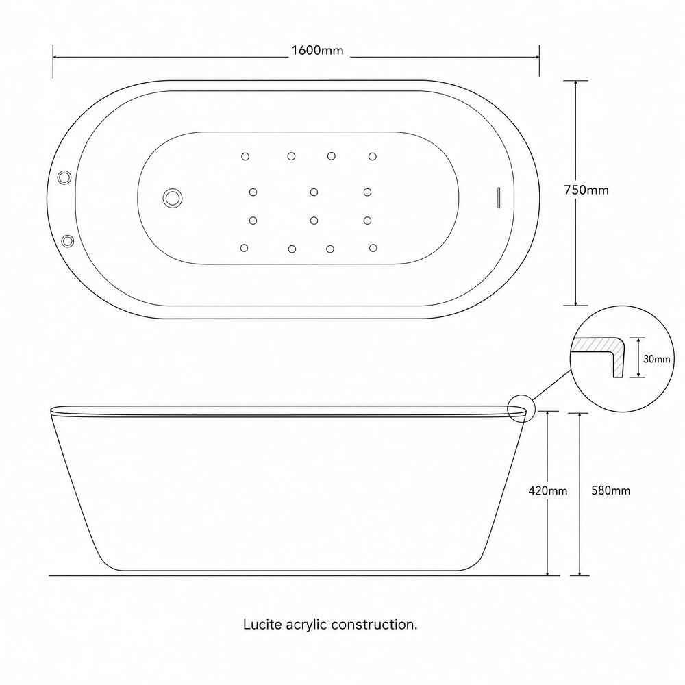 1600 x 750 Freestanding Bath 12 Jets Valencia