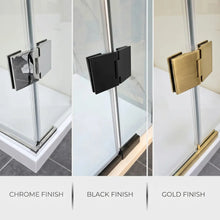 Havana shower door hinge shown in chrome, matt black and brushed gold