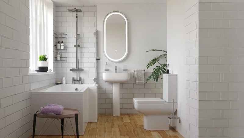 Laguna L-Shaped Shower Bath Suite — Basin, Pedestal, Toilet, Bath, Screen, Taps & Waste