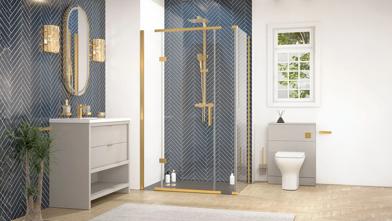 Linnea Cashmere 1000mm Vanity Unit, BTW Toilet Unit and 1200mm Corner Shower Enclosure Suite | Clear or Smoked Glass | Gold Hardware