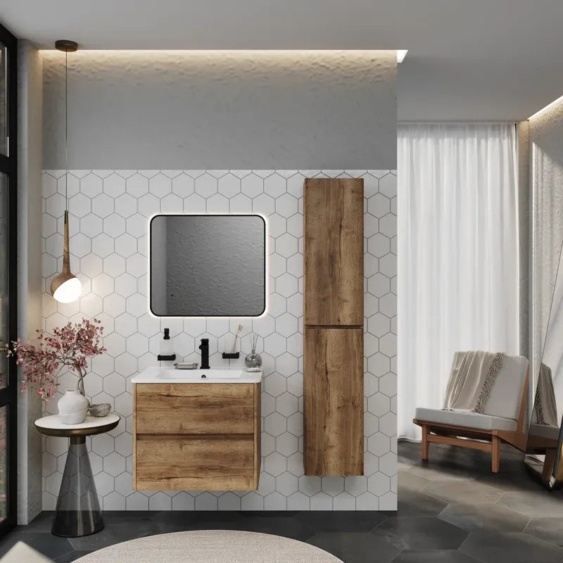 Marilyn 600mm Tobacco Oak Wall Hung Vanity Unit with Tall Storage Unit