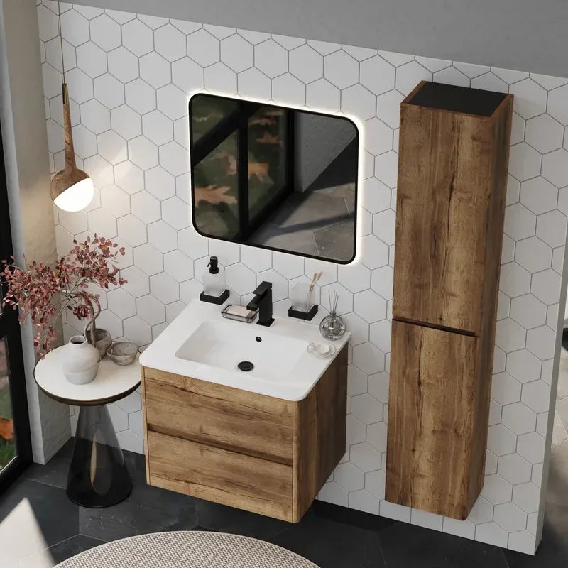 Marilyn 600mm Tobacco Oak Wall Hung Vanity Unit with Tall Storage Unit