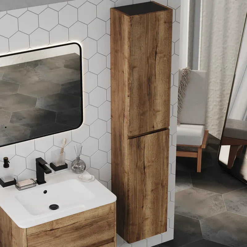 Marilyn 600mm Tobacco Oak Wall Hung Vanity Unit with Tall Storage Unit