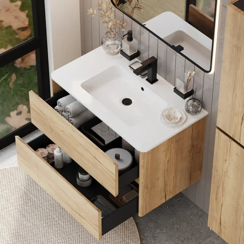 Marilyn 800mm Halifax Oak Wall Hung Vanity Unit with Tall Storage Unit