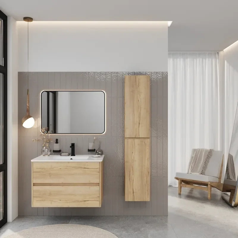 Marilyn 800mm Halifax Oak Wall Hung Vanity Unit with Tall Storage Unit