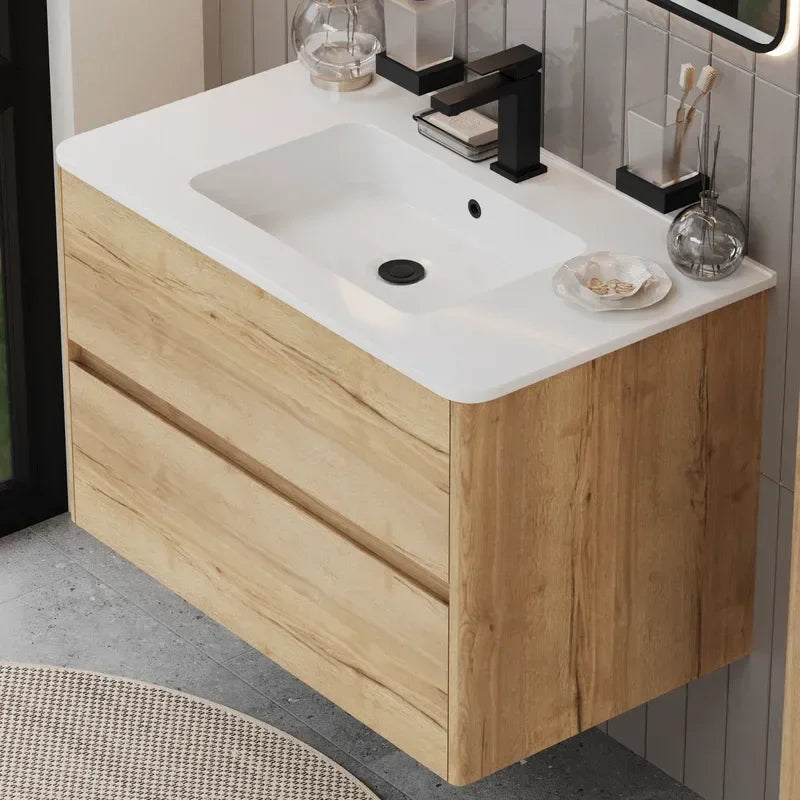 Marilyn 800mm Halifax Oak Wall Hung Vanity Unit with Tall Storage Unit