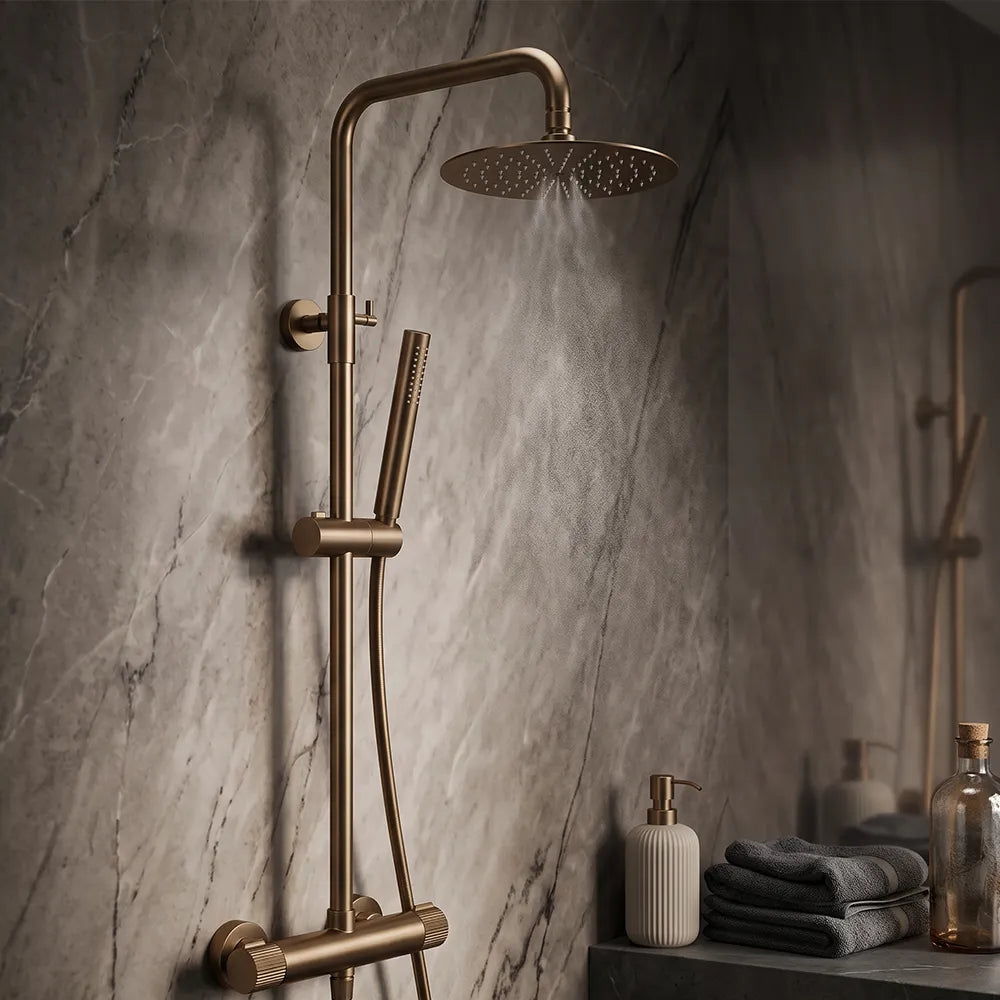 Fluted Brushed Bronze HIGH FLOW COOL TOUCH Thermostatic Shower Mixer with Riser Rail Kit