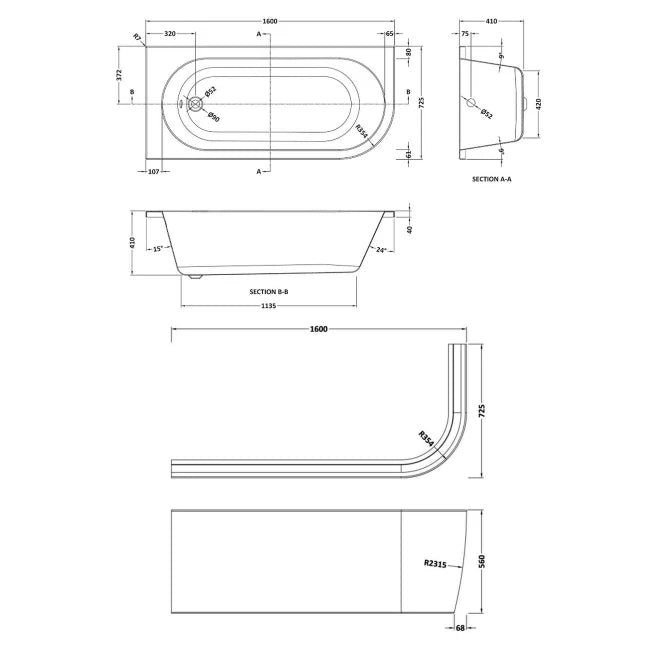 White LH BTW Corner Bath & Legs (No Panel)