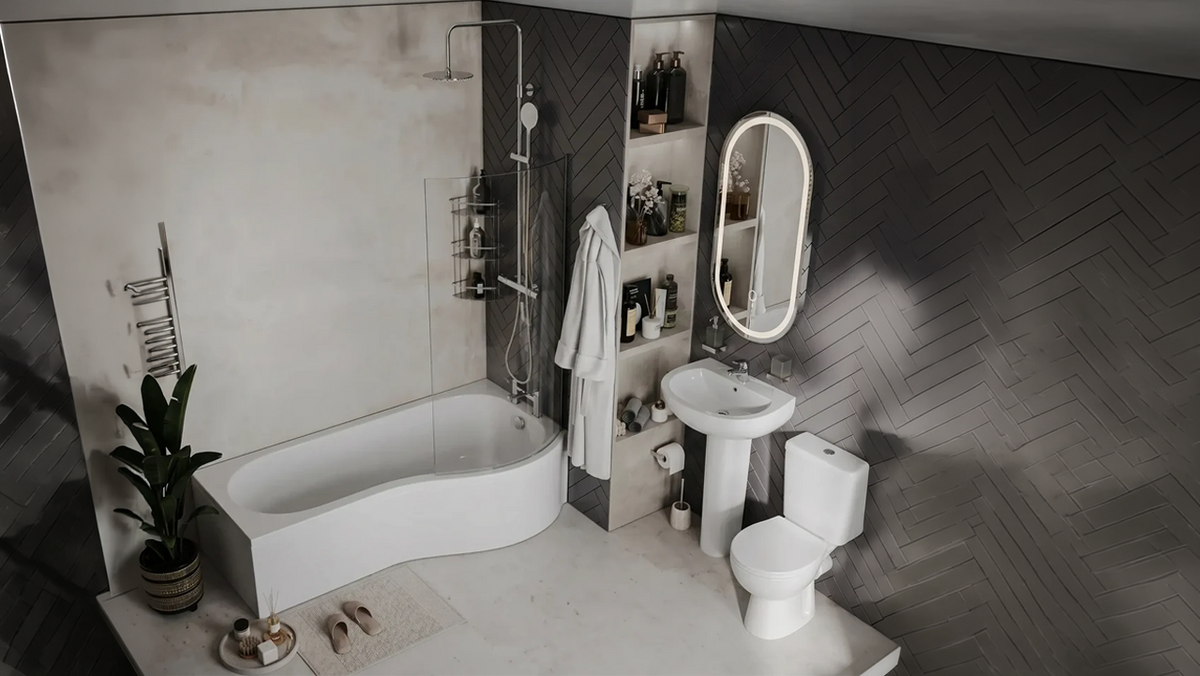 Ethan P-Shaped Shower Bath Suite — Basin, Pedestal, Toilet, Taps, Shower Valve & Screen