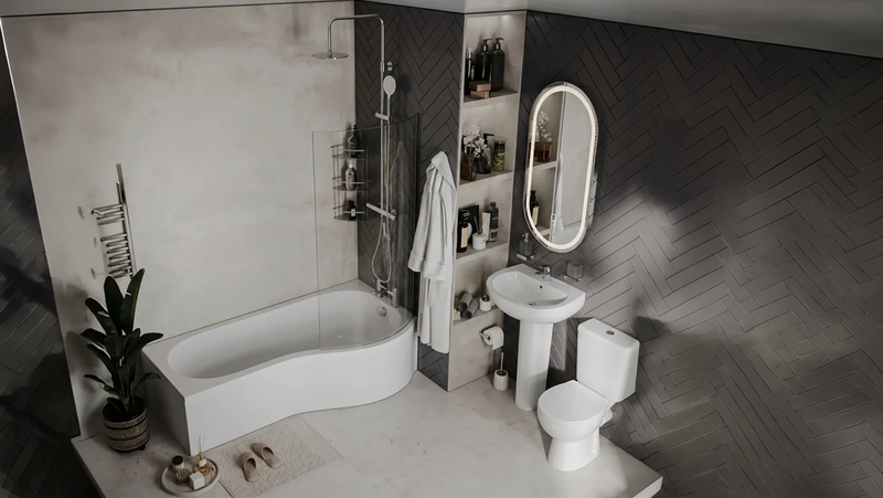 Ethan P-Shaped Shower Bath Suite — Basin, Pedestal, Toilet, Taps, Shower Valve & Screen
