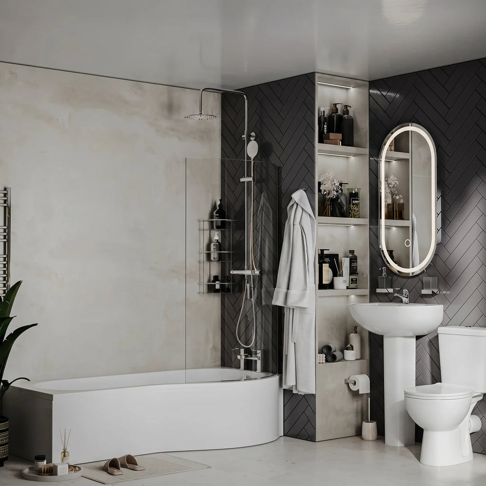 Ethan P-Shaped Shower Bath Suite — Basin, Pedestal, Toilet, Taps, Shower Valve & Screen