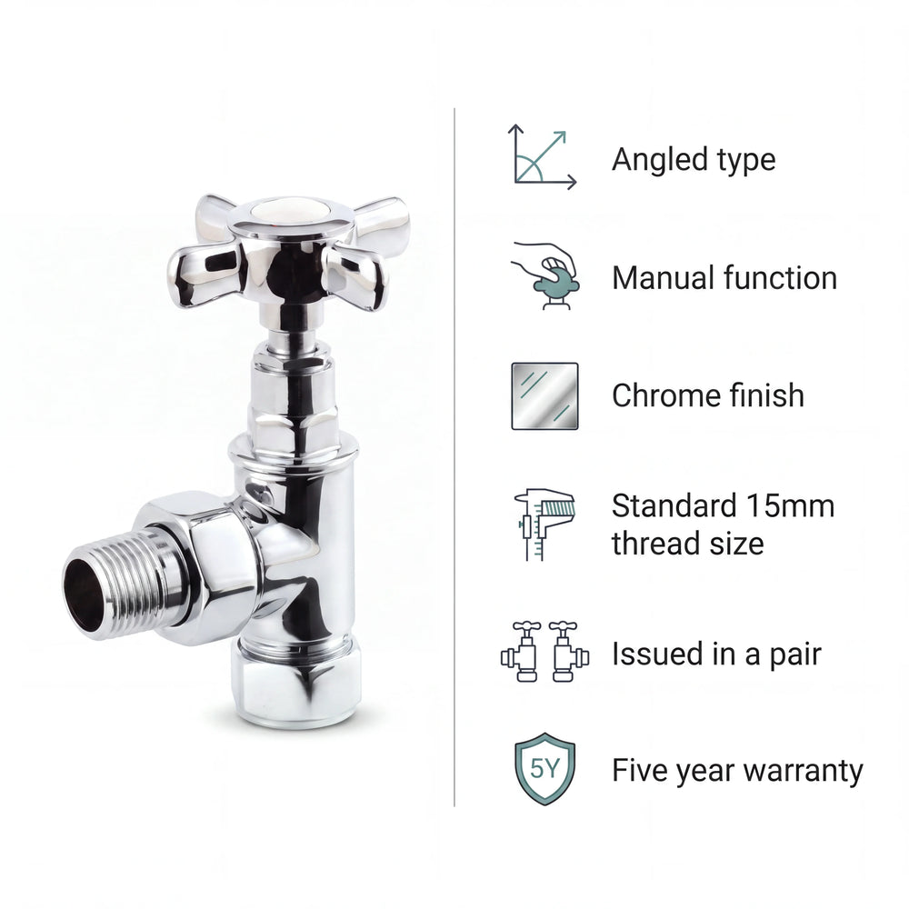 Cross Head Angled Radiator Valves In Chrome