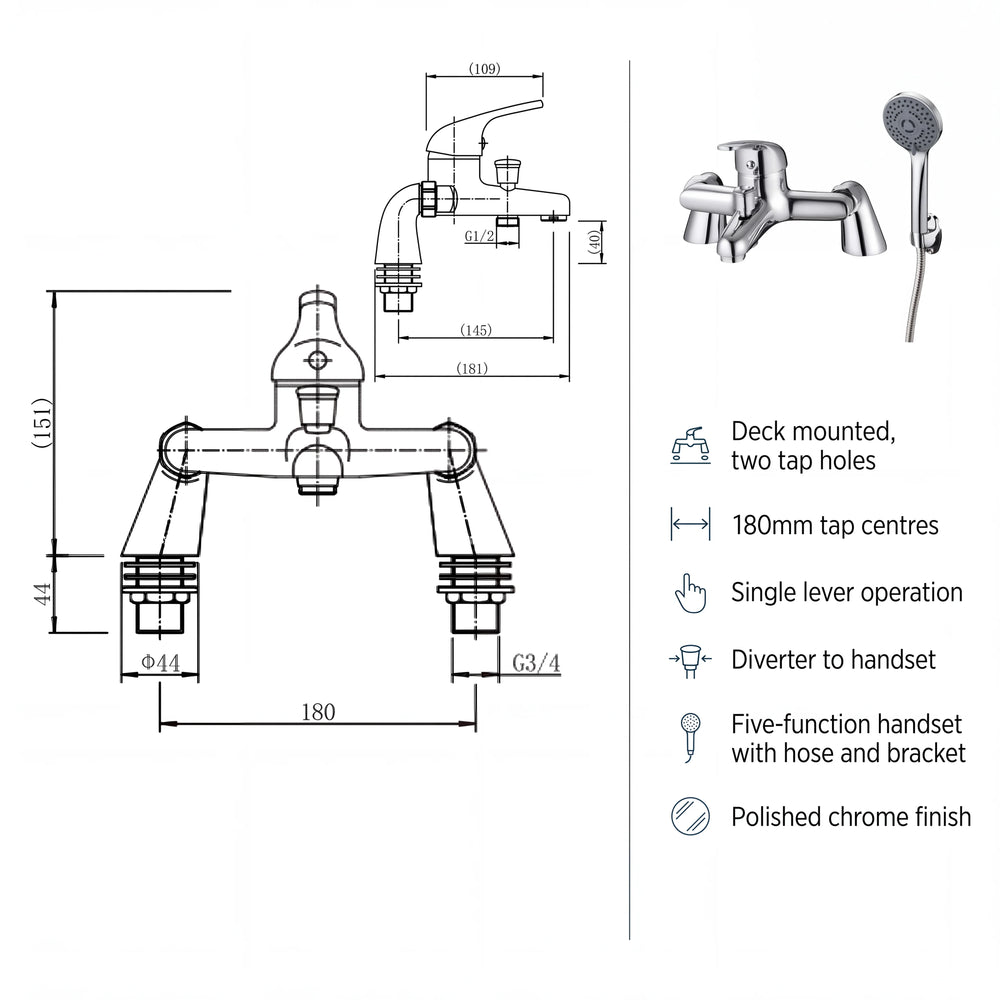 Bath Shower Mixer Tap with Handset & Hose Poma