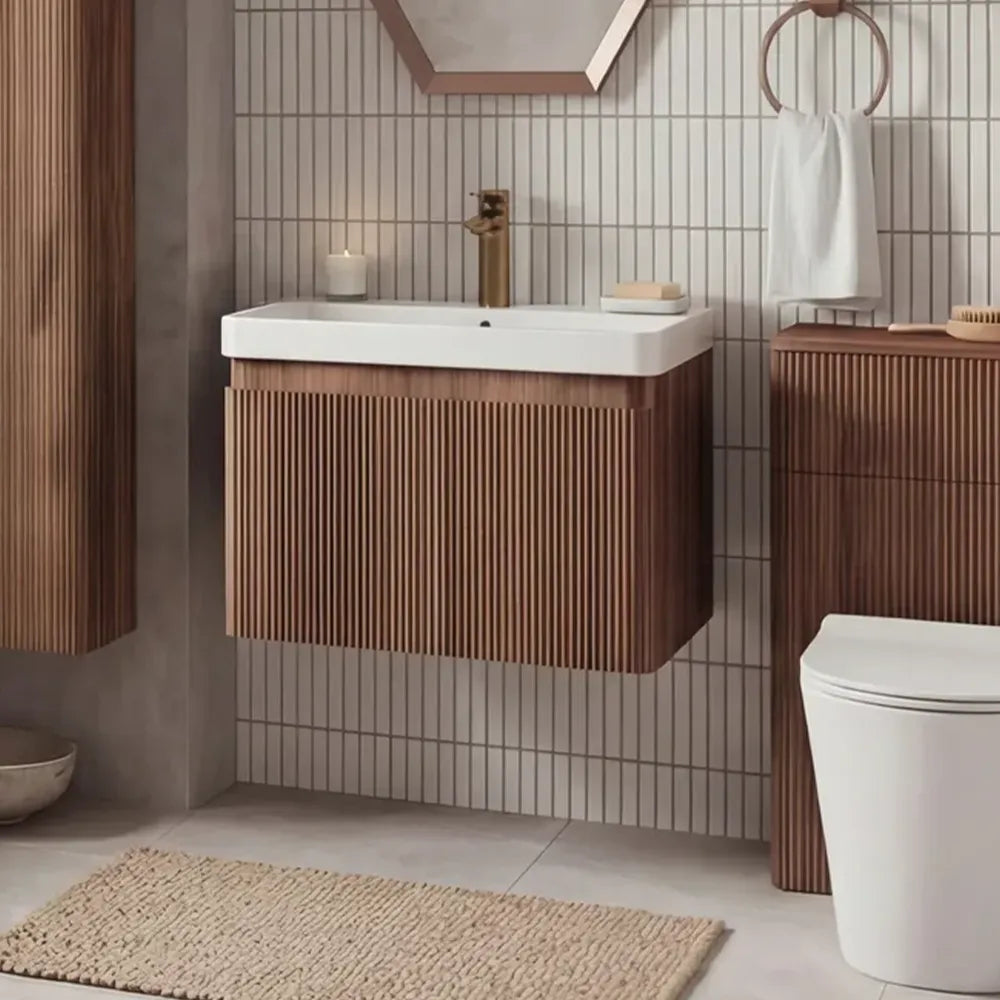 Wabi 605mm Wall Hung 1 Drawer Unit and Basin Walnut