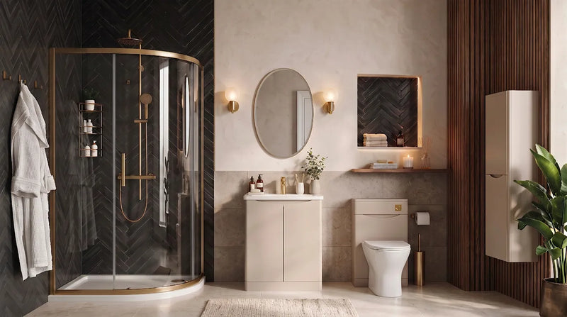 Zentro Cashmere Suite with Odessa Gold 800mm Quadrant Enclosure — Vanity, Toilet Unit, Shower & Mirror