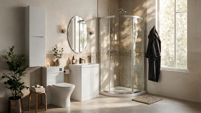 Zentro White Suite with Odessa Chrome 800mm Quadrant Enclosure — Vanity, Toilet Unit, Shower & Mirror
