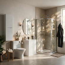 Zentro White Suite with Odessa Chrome 800mm Quadrant Enclosure — Vanity, Toilet Unit, Shower & Mirror