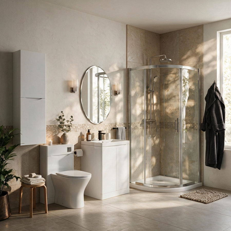 Zentro White Suite with Odessa Chrome 800mm Quadrant Enclosure — Vanity, Toilet Unit, Shower & Mirror