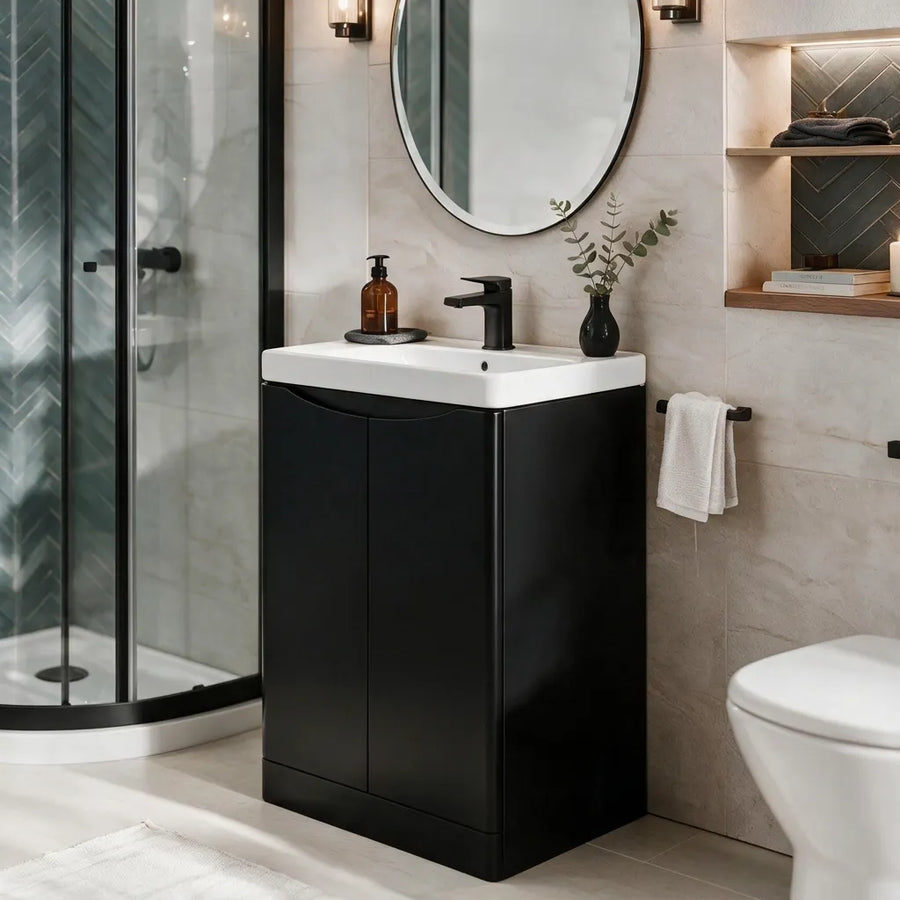 Zentro Black Suite with Odessa Black 800mm Quadrant Enclosure — Vanity, Toilet Unit, Shower & Mirror
