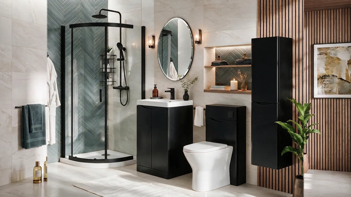 Zentro Black Suite with Odessa Black 800mm Quadrant Enclosure — Vanity, Toilet Unit, Shower & Mirror