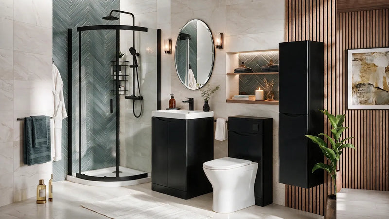 Zentro Black Suite with Odessa Black 800mm Quadrant Enclosure — Vanity, Toilet Unit, Shower & Mirror