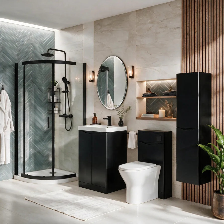 Zentro Black Suite with Odessa Black 800mm Quadrant Enclosure — Vanity, Toilet Unit, Shower & Mirror