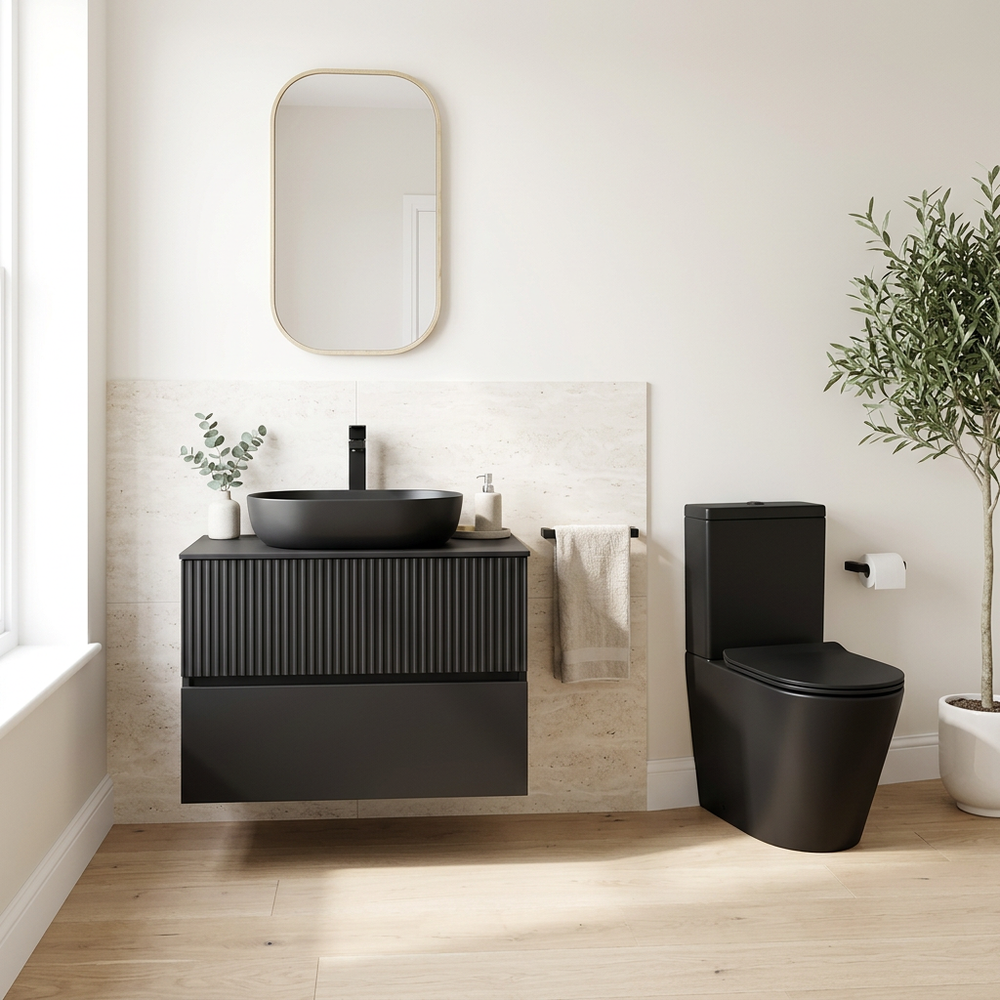 Linnea 700mm Wall Hung Countertop Vanity Unit with Alessio Black Close Coupled Toilet