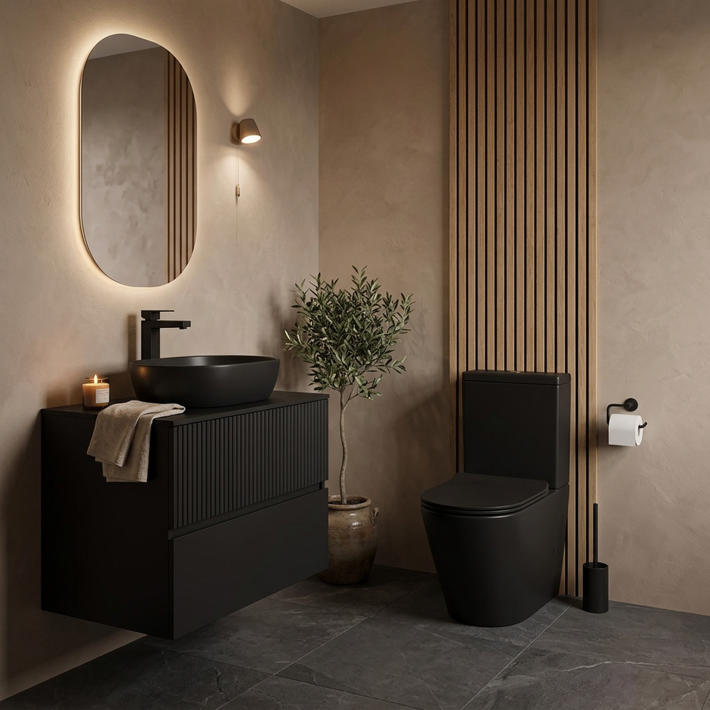 Linnea 700mm Wall Hung Countertop Vanity Unit with Alessio Black Close Coupled Toilet