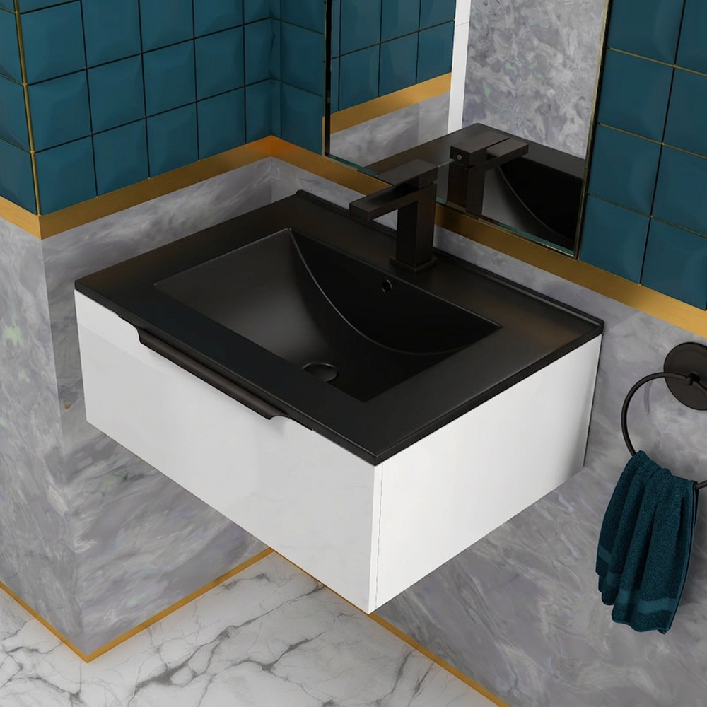 Jivana 600mm White Wall Hung Vanity Unit with Matt Black Basin
