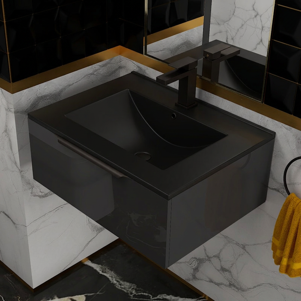 Jivana 600mm Anthracite Wall Hung Vanity Unit with Matt Black Basin