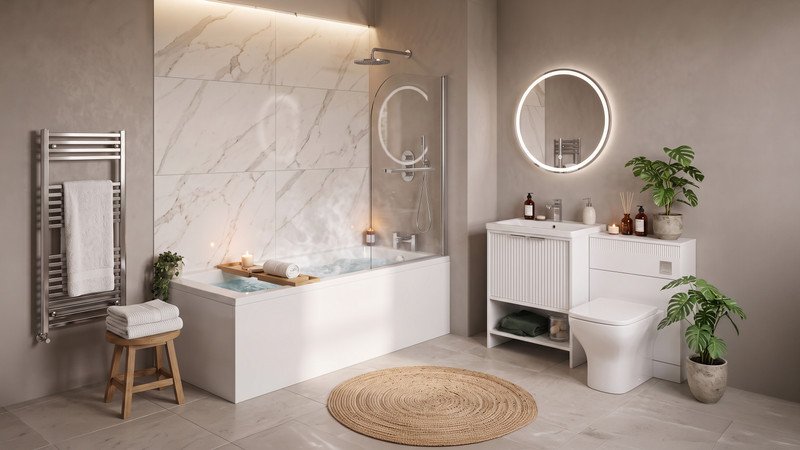 Linnea White Complete Bathroom Suite with 1700mm Whirlpool Shower Bath, Vanity Unit, Toilet, Shower & Heated Towel Rail