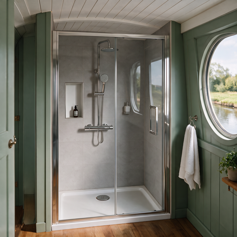1000 x 1750mm reduced height chrome sliding shower door fitted wall to wall in a narrowboat shower recess with tray and exposed shower