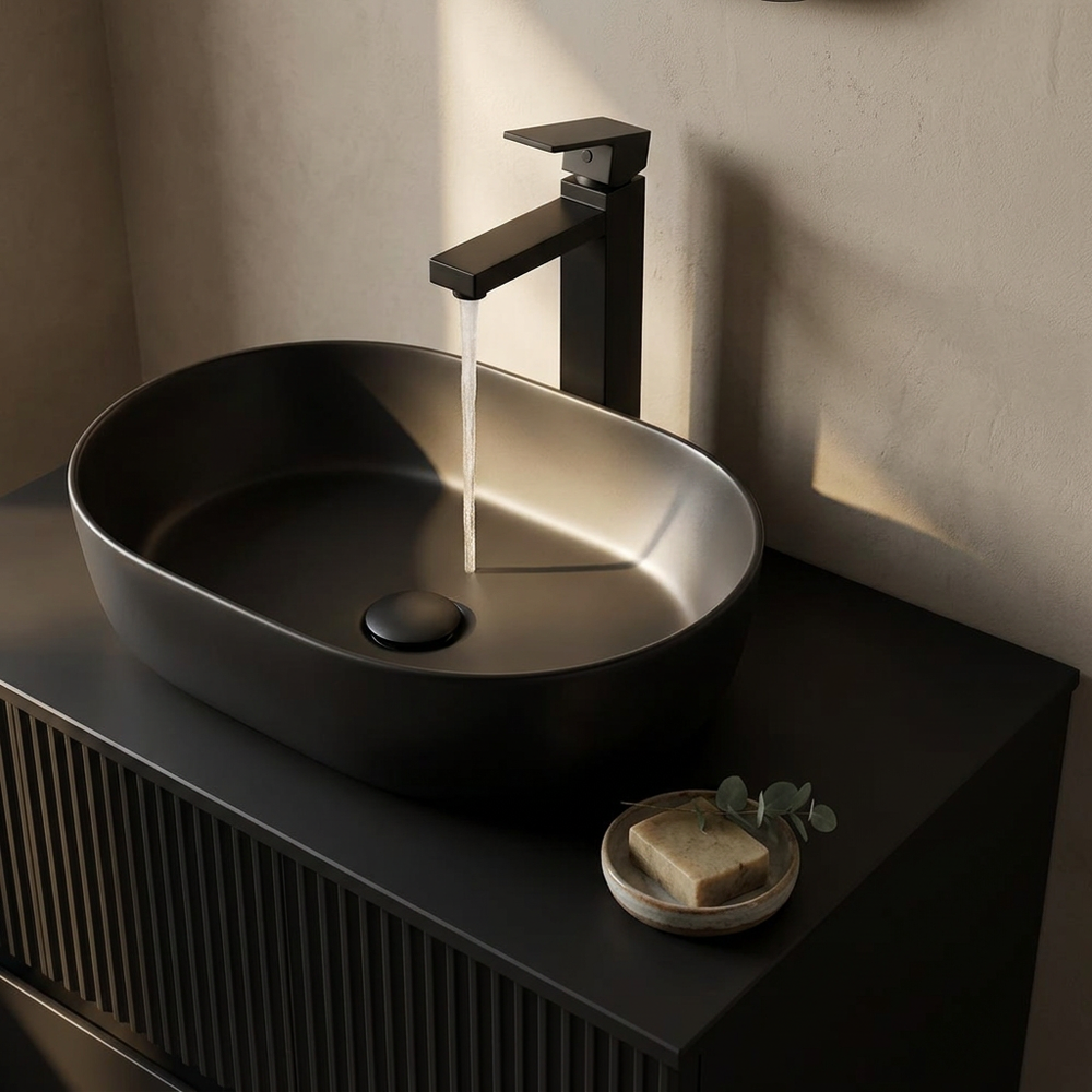 Linnea 700mm Wall Hung Countertop Vanity Unit with Alessio Black Close Coupled Toilet