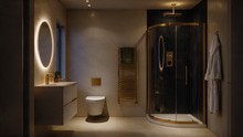 Smart Digital Shower Suite with 900mm Odessa Quadrant Enclosure, Elvia Vanity Unit & Wall Hung Toilet - Brushed Brass