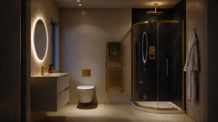 Smart Digital Shower Suite with 900mm Odessa Quadrant Enclosure, Elvia Vanity Unit & Wall Hung Toilet - Brushed Brass