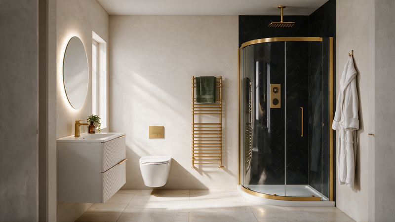 Smart Digital Shower Suite with 900mm Odessa Quadrant Enclosure, Elvia Vanity Unit & Wall Hung Toilet - Brushed Brass