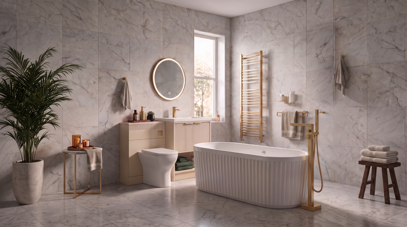 Linnea Cashmere & Brushed Brass Complete Bathroom Suite with 1700mm Fluted Freestanding Bath, Vanity Unit, Toilet & Accessories
