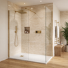 1400 x 800mm brushed brass walk-in shower enclosure with digital shower valve, square rain head, handset and white slate tray