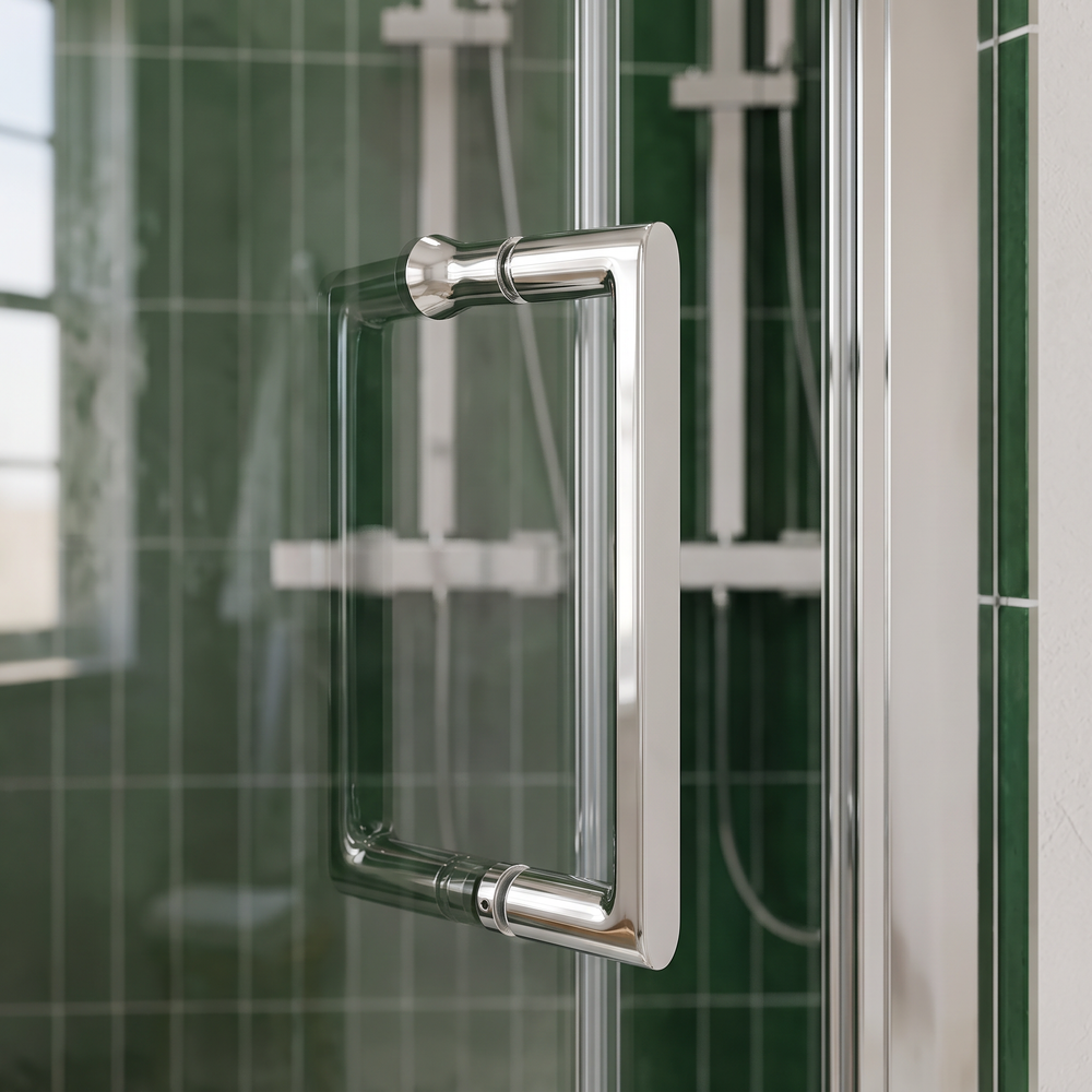 Close-up of the chrome D-shaped handle on the bifold shower door