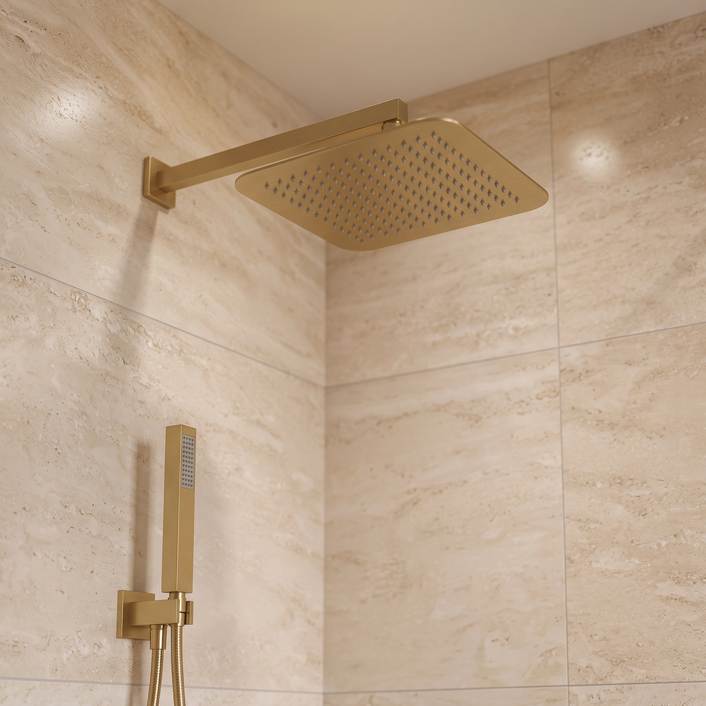 Brushed brass square rain shower head and wall-mounted handset