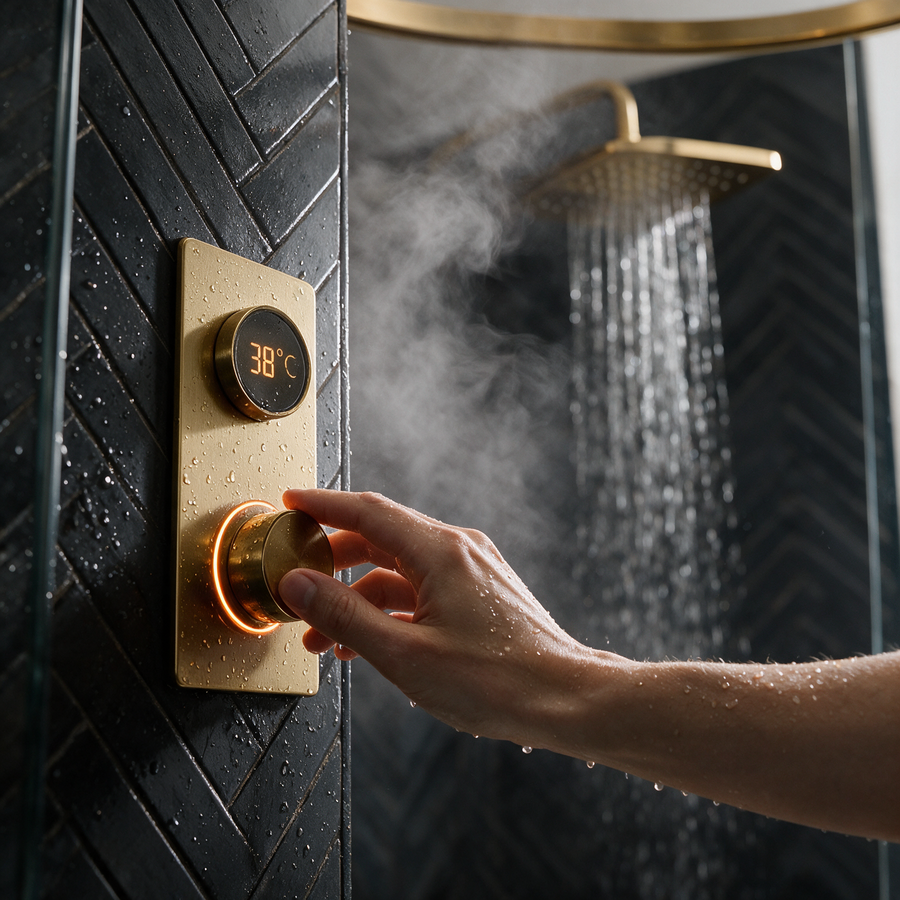 Brushed brass digital shower valve set to 38 degrees inside the shower enclosure