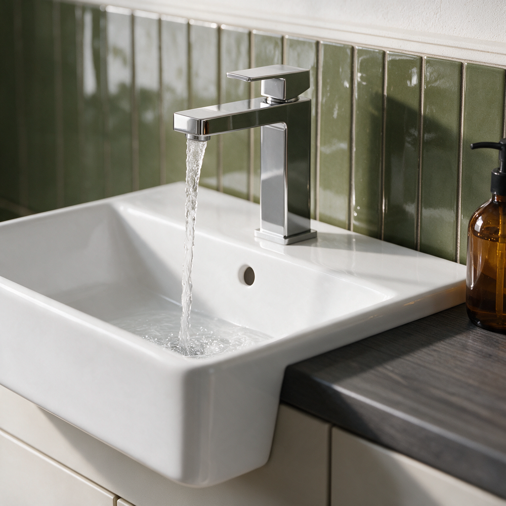 Square semi recessed ceramic basin with chrome mono mixer tap on a slate grey worktop