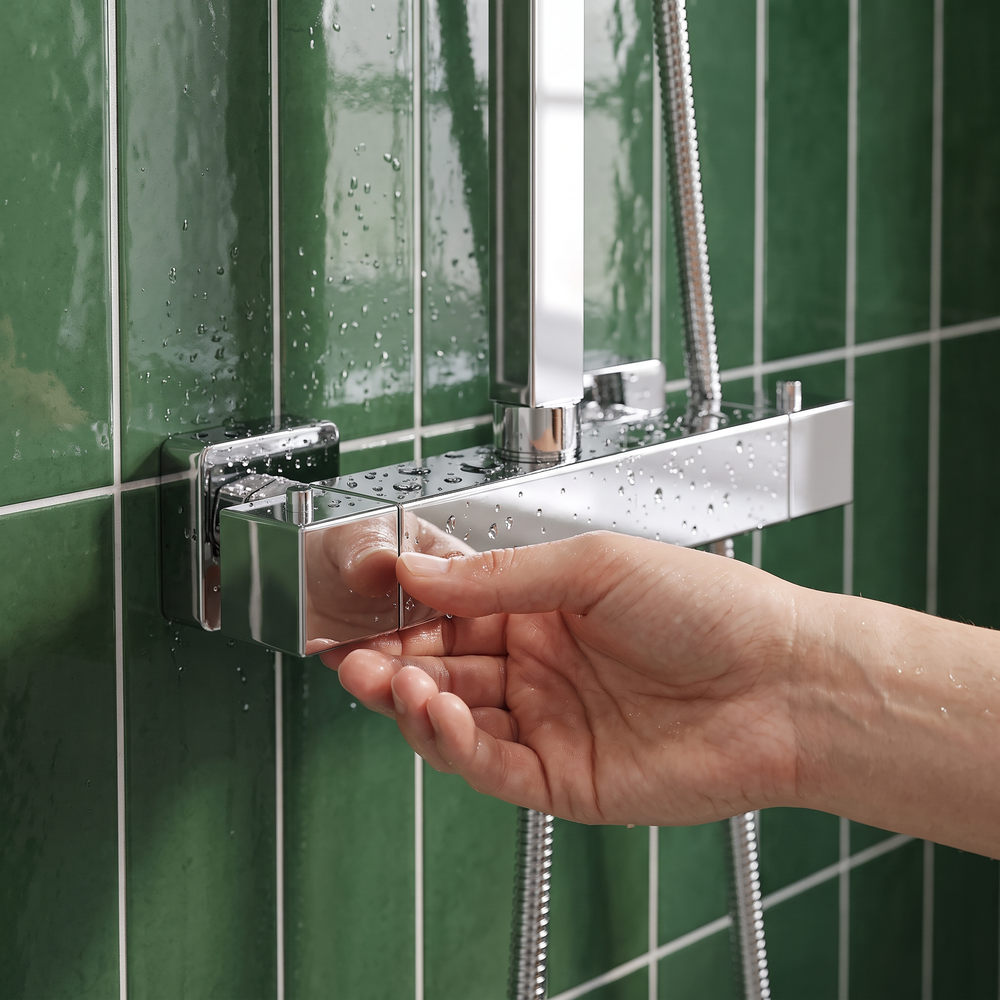 Close-up of the chrome square exposed bar shower valve on green tiles