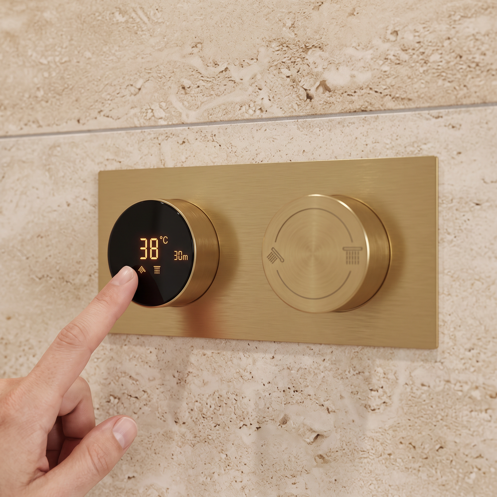 Close-up of the brushed brass digital shower valve display showing 38 degrees
