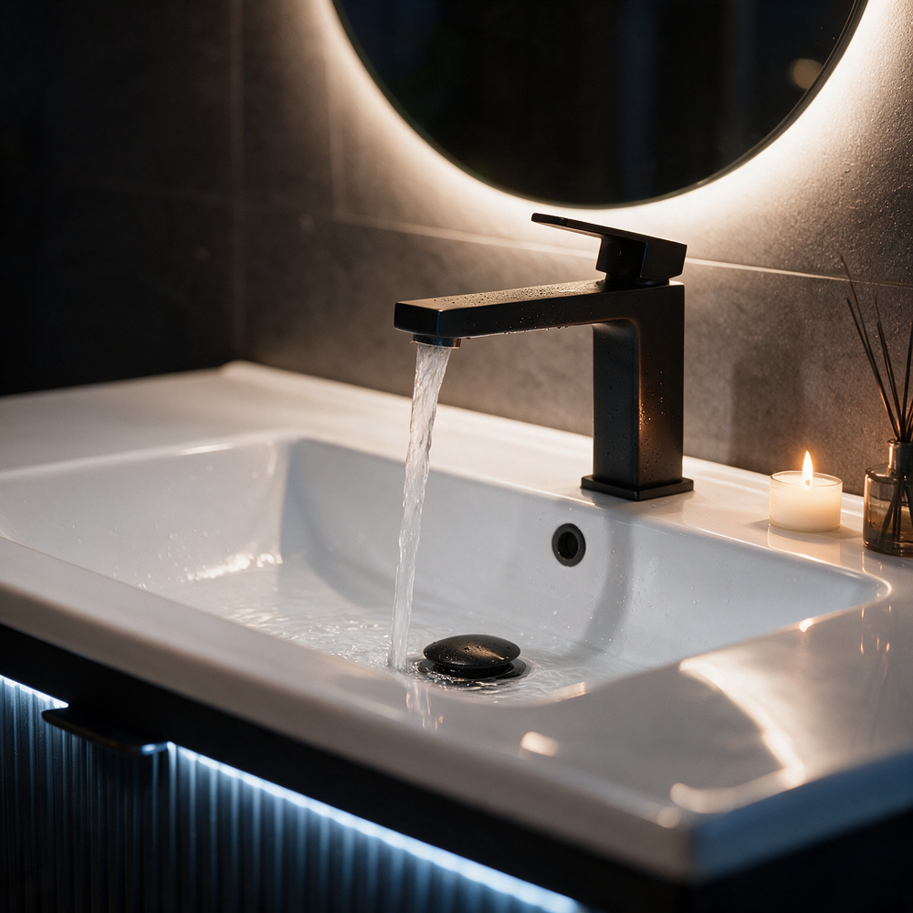Matt black square basin mono mixer tap running into the white ceramic basin of the Linnea vanity unit