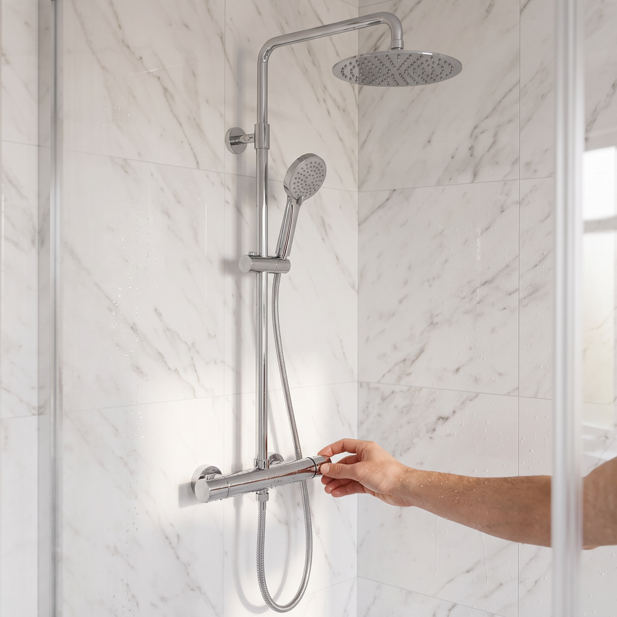 Hand adjusting the chrome exposed thermostatic bar valve with riser rail, rain head and handset