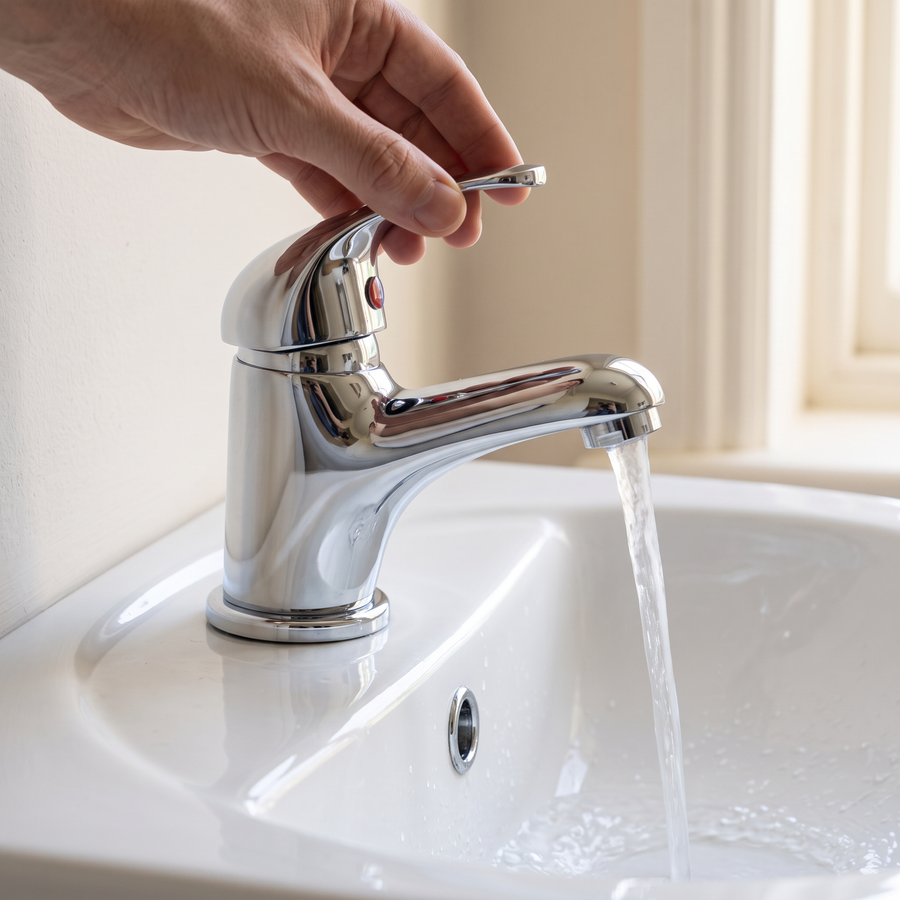 Close-up of the chrome single lever Poma basin mixer tap running water